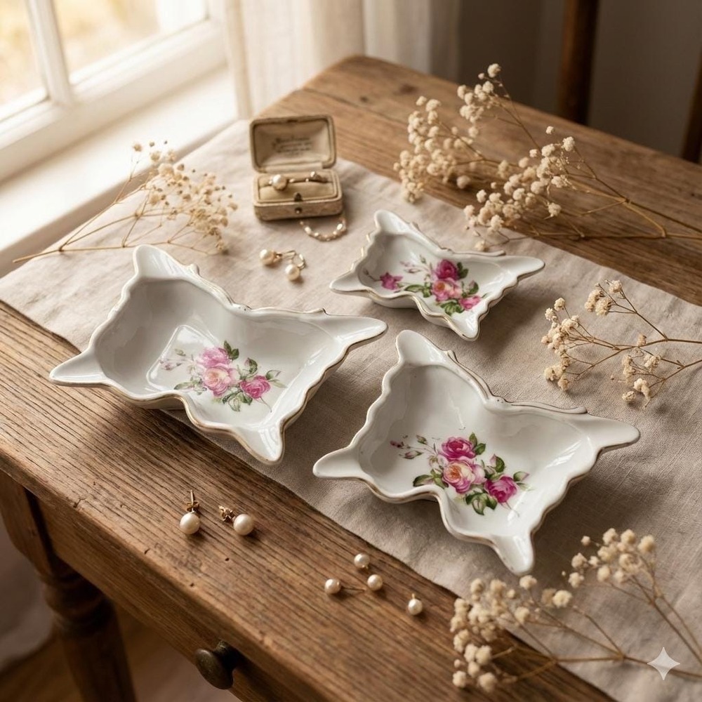 Vintage Butterfly Nesting Trinket Dishes Set 3 Pink Rose Gold Trim Cottagecore